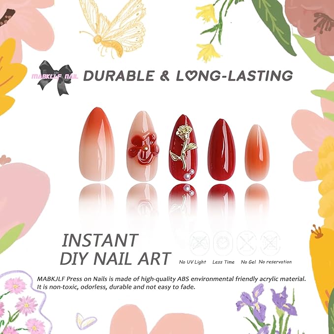 Ombre Press on Nails Medium Almond MABKJLF 3D Fake Nails Red False Nails with Flower Gold Rose Charms Rhinestones Pearls Designs Glossy Glue on Nail Acrylic Nails for Women Girls 24Pcs