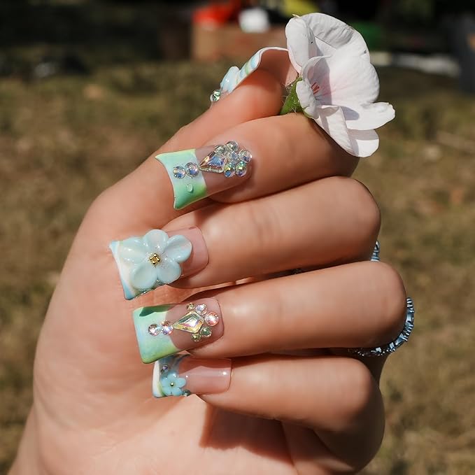 Press On Nails Handmade Short Duck Luxury Nails, Mint Green Ombre French with 3D Floral Charms, Bling Crystal False Nails, Glossy Art Designs Reusable Acrylic (Misty Blue Floral Glitz,L)