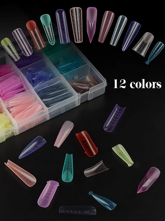 Dual Forms for Poly Nail Gel, 288PCS 12 Colors Dual Nail Forms Extension Molds Stiletto Coffin Square Acrylic Nail Tips 12 Shapes for Builder Gel Manicure Nail Art Design Salon DIY at Home