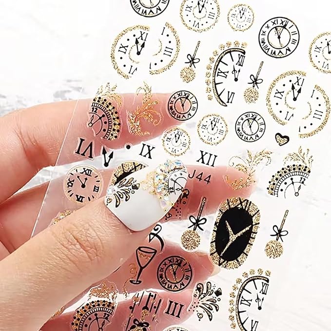 6 Sheets Christmas Nail Art Stickers 3D Gold Glitter Clock Nail Decals Self Adhesive Winter Nail Design Stickers New Year Nail Art Supplies Christmas Manicure Accessories for Women and Girls