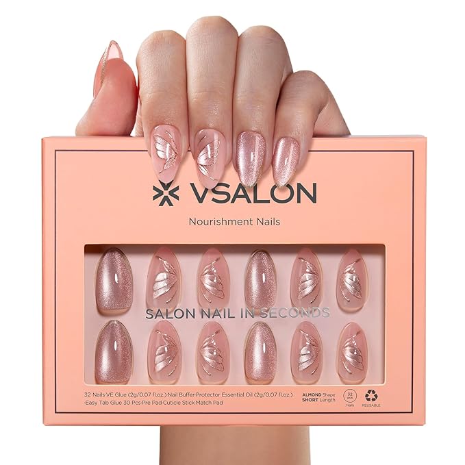 VSALON Press On Nails Short Almond - Pink Cat Eye Semi-Transparent Metallic Butterfly Design Fake Nails, Reusable Soft Gel Glue on Nails with Glue & Cuticle Oil - Valentines Gifts for Women