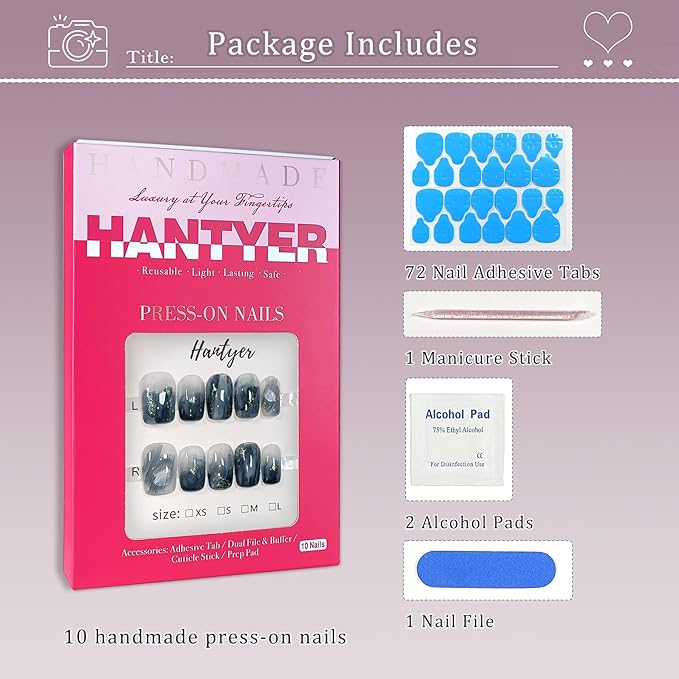 Blue Ocean Wave Marbled Press on Nails with 3D Handmade Water Droplets & Gold Glitter, Short Square Glossy Soft Glam Fake Nails, Elegant False Nails for Women Fall Winter Party, Size S