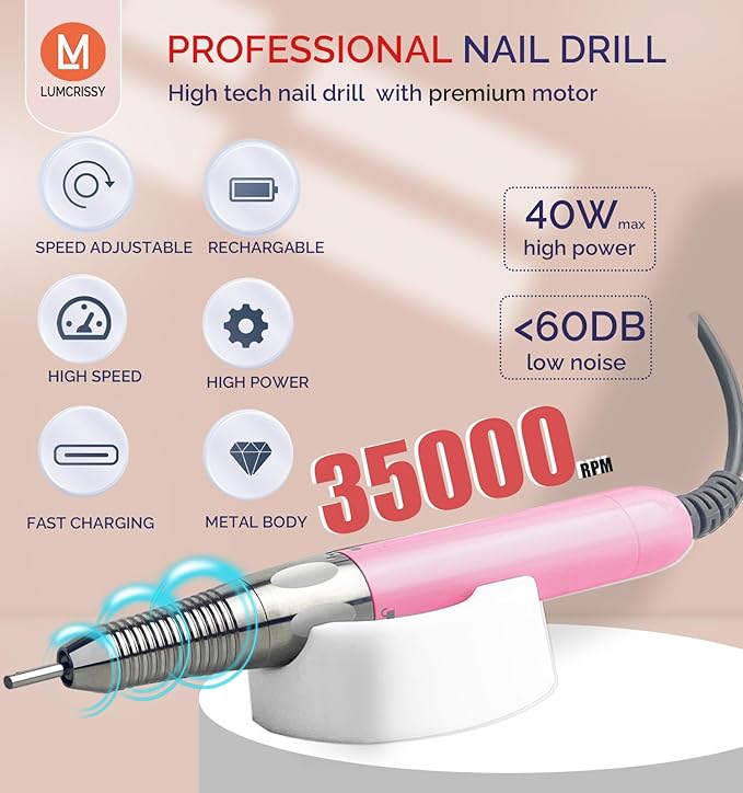 Professional Rechargeable Nail Drill 35000 RPM - Cordless Electric Nail File ,Portable Efile for Shaping/Removing/Polishing Gel/Acrylic Nails | Ideal for Home DIY & Salon Manicure Pedicure