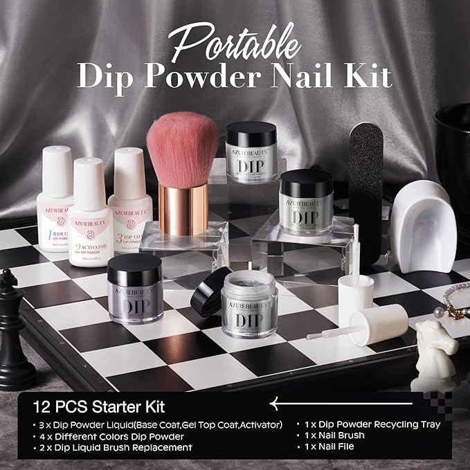 AZUREBEAUTY Dip Powder Nail Kit Starter, Light & Dark Grey Black Glitter Sparkle, 4 Colors Dipping Powder Set All Seasons, French Nail Art Base Top Coat Activator Liquid Manicure DIY Salon
