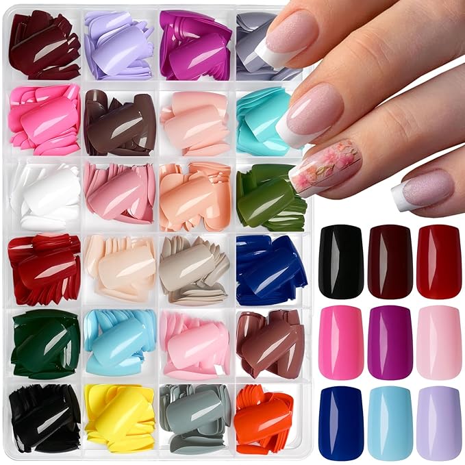 AddFavor Square Press on Nails Medium, 576pcs Square Fake Nails Full Cover Glossy Medium Nails Press on Acrylic False Nail Tips 24 Colors for Women