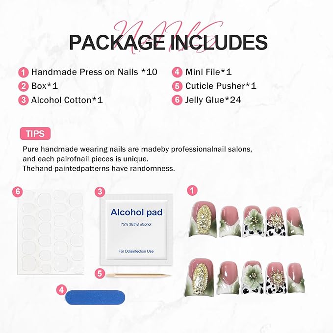 Flower Press on Nails Short Duck Handmade 3D Pearl & Golden Rhinestone Fake Nails Green White Gradient French Tip False Nail with Designs Floral Thicked Acrylic Nails for Women (Size S)