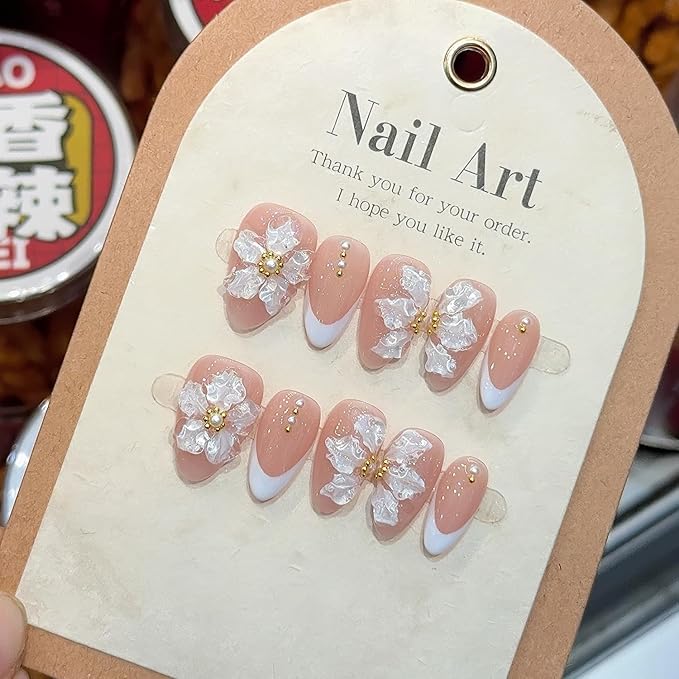Handmade Press on Nails Medium Almond White French Acrylic Nails 3D Flower Embossed False Nails Reusable 3D Flower and Pearl Handmade for Girls Manicure Art Decoration Accessories (Size S)
