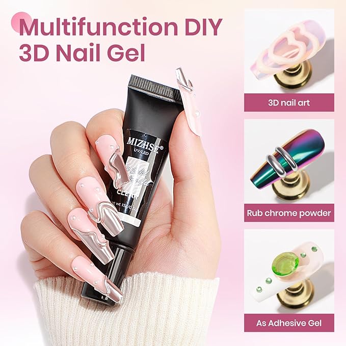 MIZHSE 3D Gel Nail Art, 2 Pcs 15g Sculpting Gel Glue for Molding, Drawing, Charms & Gems, Chrome Powder, Rhinestone Design, Clear and Milky White No Wipe Nail Polish for DIY Nail Art