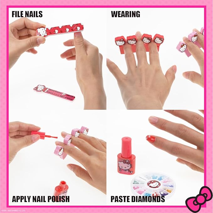 Hello Kitty Water-Based Nail Polish Set, Peel-Off Set with Glittery & Opaque Colors and Nail Accessories for Girls Kids, Perfect for Dress Up, Parties & Makeovers Ages 3+ by Townley Girl