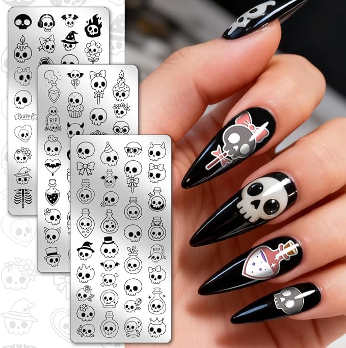 PH PandaHall 3pcs Cartoon Skull Nail Stamping Plates, Spooky Skull Vial Nail Art Templates Gothic Style Stainless Steel Image Plate Art Stencils with Tool for DIY Print Manicures Salon Design Decor