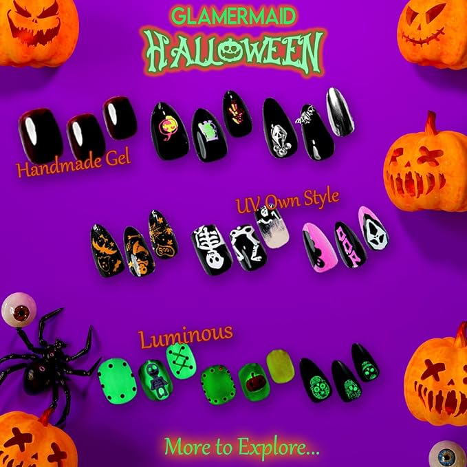 GLAMERMAID Black Emo Press On Nails Short Almond, Handmade Soft Matte Gel Fake Nails with Gothic Snake Skull Ghost Design, Round Oval Stick Glue on Nails Kit for Women, Reusable Acrylic False Nail Set