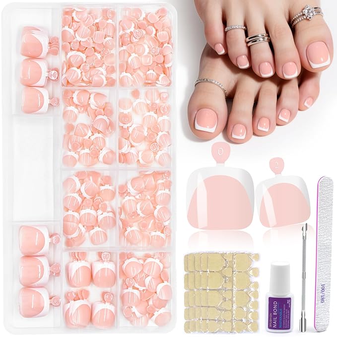 Toe Nail Tips, 240Pcs French Press On Toenails Kit, Nude Square Pre-Designed Soft Gel False Toenail Extension, 12 Size Full Cover Fake Toenail Press Ons for Women