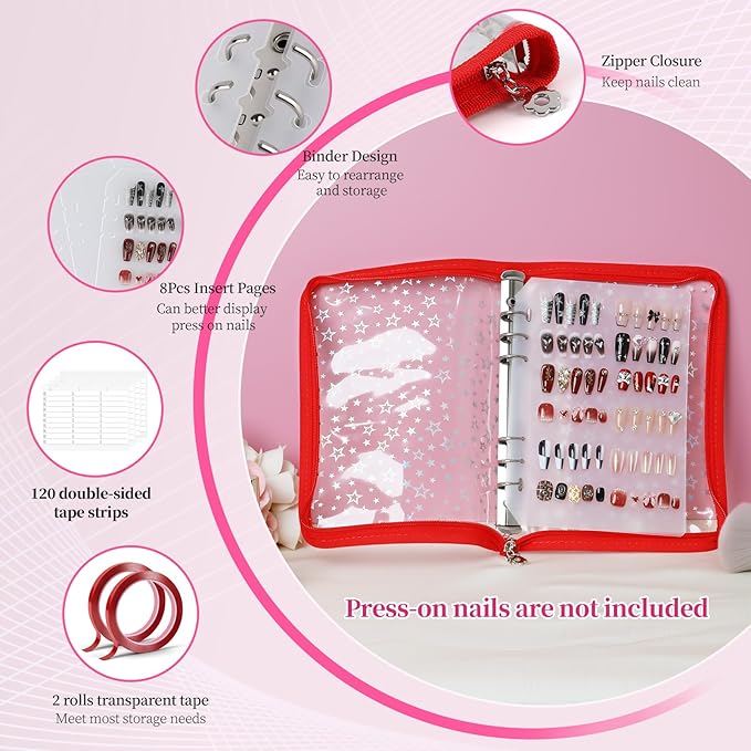 Press on Nail Organizer Binder Book, 8 A5-Sized Insert Pages & Double Sized Tape, Press on Nails Display Storage Book, Reusable Fake Nail Swatch Collecting Book (Red Star)
