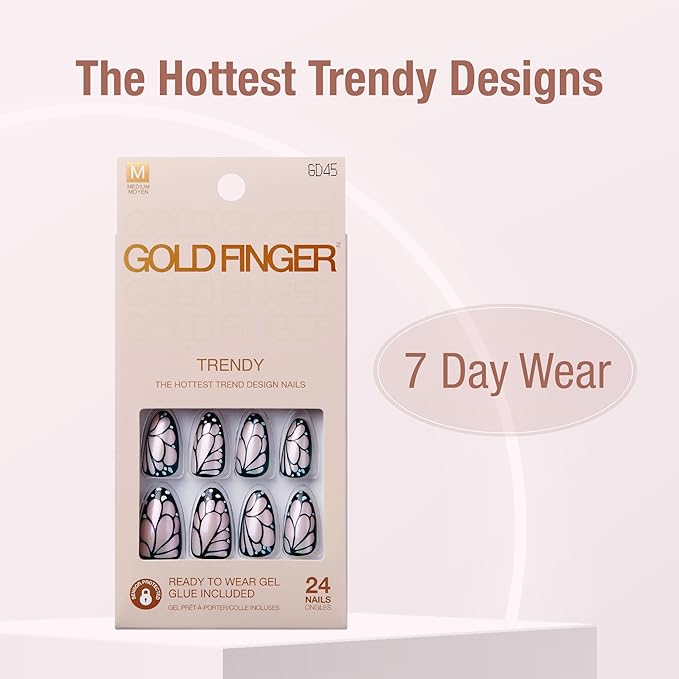 GoldFinger 24 Pcs Press On Nails, Medium Almond Fake Nails, Butterfly Chrome Gel Stick On Extensions, Reusable Full Cover False Nail Kit with Glue, Manicure Stick & File, 7 Day Long Lasting Wear