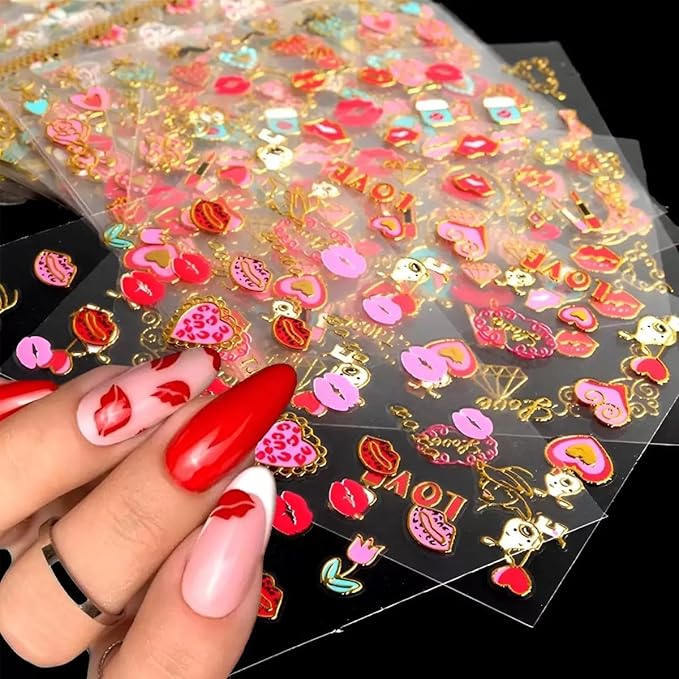 30 Sheets Valentine's Day Nail Art Stickers 3D Self-Adhesive Red Heart Nail Decals Cute Rose Lip Kiss Nail Supplies DIY Acrylic Nails Decoration Accessories for Women
