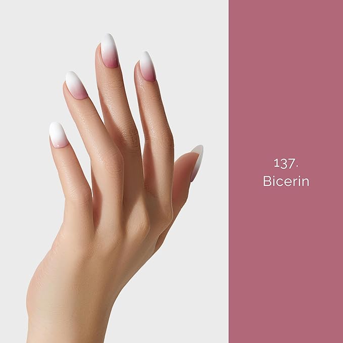 Semi Cured Gel Nail Strips - NAILOG 20 Pcs Gradient Pink Nail Stickers Extra Long Wraps with Glossy Gel Finishing for Spring Summer, Bicerin
