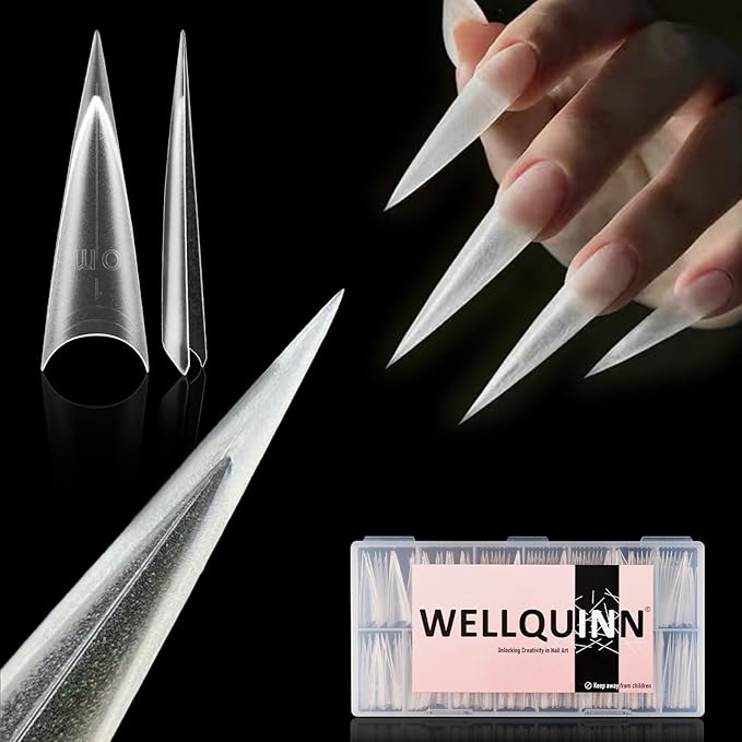 Stiletto Nail Tips Sharp Solid Core Stiletto Half Cover Press on Nails, XXL Clear Fake Acrylic Nails False Nail Tips for Nail Art Design Salon Artistic and Home DIY 15 Sizes