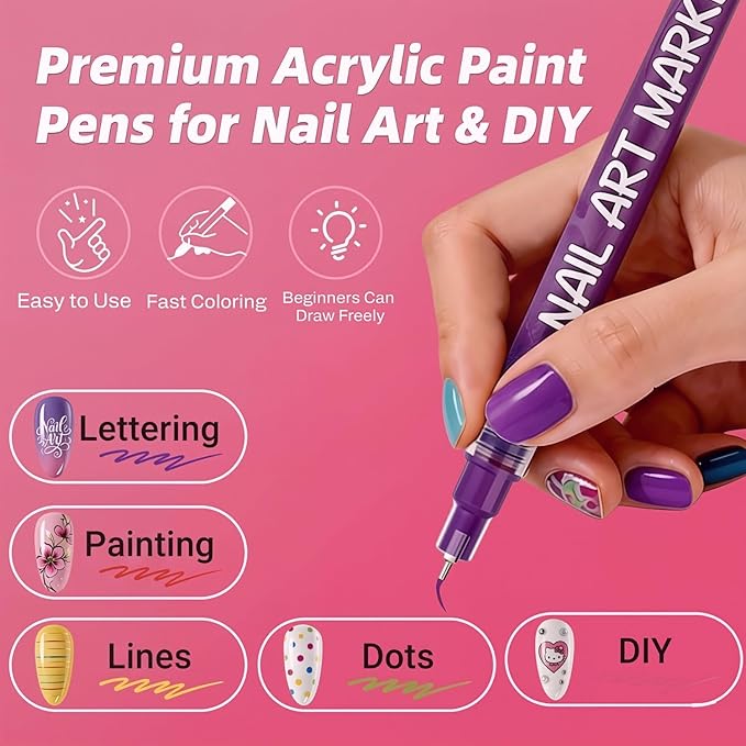 12 Colors Nail Art Pens & Acrylic Markers Set, 0.5mm Ultra-Fine Tip for Micro-Detailing, Water-Based Quick Dry DIY Manicure Tools, Easter Basket Stuffers & Spring Gifts for Girls Women (12pcs)