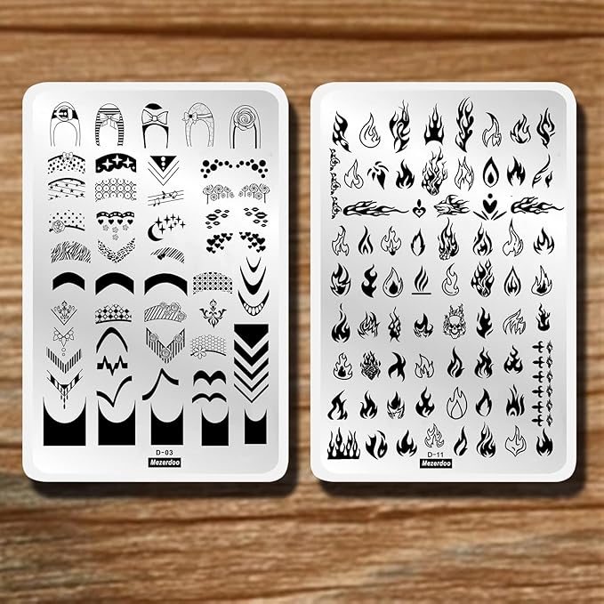 2Pcs Big Size Fire French Style Nail Stamping Plates Flame Theme Nail Stamp Templates Striped Line Geometric Image Printing Stencil Tool