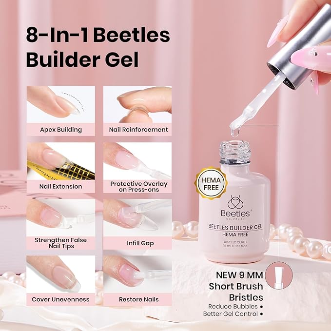 Beetles 4Pcs 15ml HEMA-Free Nail Tips Glue Kit with Builder Nail Gel, No Wipe Top Coat & Portable Nail Lamp, All-in-One Nail Extension Kit for Press on Nails False Nail Tips, DIY Salon Nails at Home