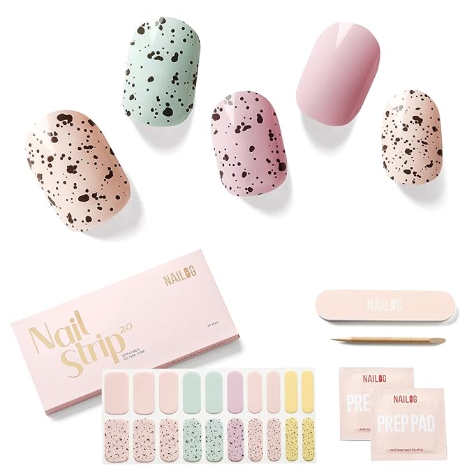 NAILOG Semi Cured Gel Nail Strips for Easter, 20Pcs Long Lasting Pastel Colourful Gel Nail Stickers, Salon Quality Easy Apply & Remove Works with Any UV/LED Nail Lamps, Quail Eggshell