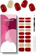 Semi Cured Gel Nail Strips, 20Pcs Long Lasting Salon Quality Wraps, Easy Apply & Remove Gel Nail Stickers with UV Light (Luxe Red Gold)