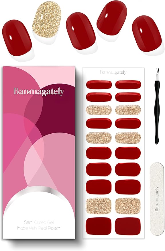Semi Cured Gel Nail Strips, 20Pcs Long Lasting Salon Quality Wraps, Easy Apply & Remove Gel Nail Stickers with UV Light (Luxe Red Gold)