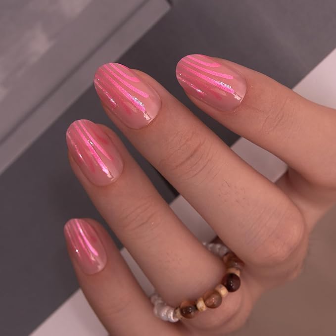 Curvlife Press On Nails Short Oval Pink - Glitter Drip Press on Nails with Glue, Pink Glitter Dripping Glossy Nude Fake Nails Long Lasting False Nail Tips for Women Girls