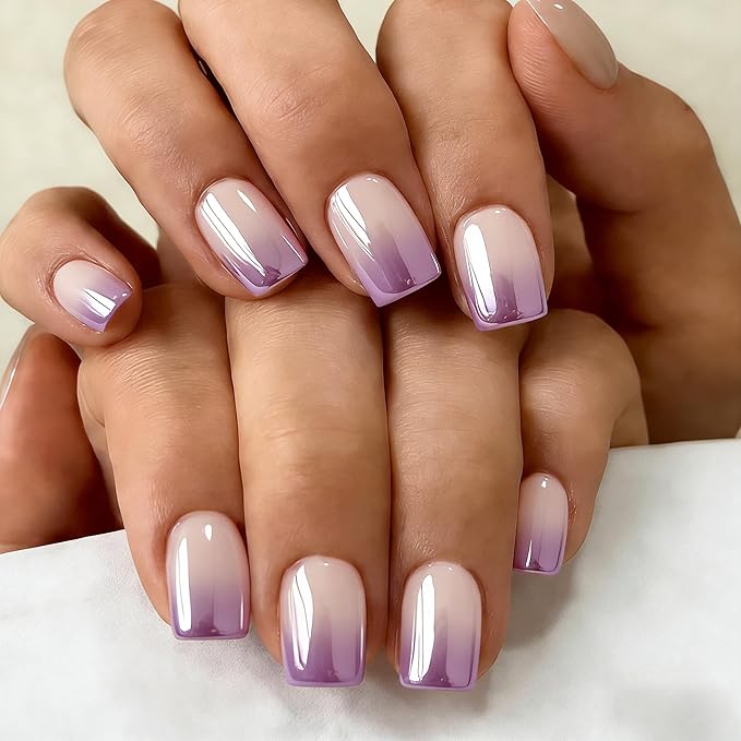 Chrome Ombre Lilac Press on Nails Short Square, Glazed Cute Fake Nails with Sparkle Mirror Design, Shiny Glitter Glue on Nails Short, Gradient Nude Gel Nail Press ons with Glue 30 Pcs
