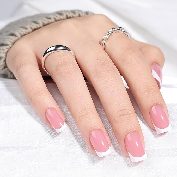 French Tip Press On Nails - Short Square Blush Pink Press on Nails Glossy Nails Press Ons for Women DIY Fake Nails Kit, Reusable Glue on Nails Short in 16 Sizes - 32pcs, Blush Tip