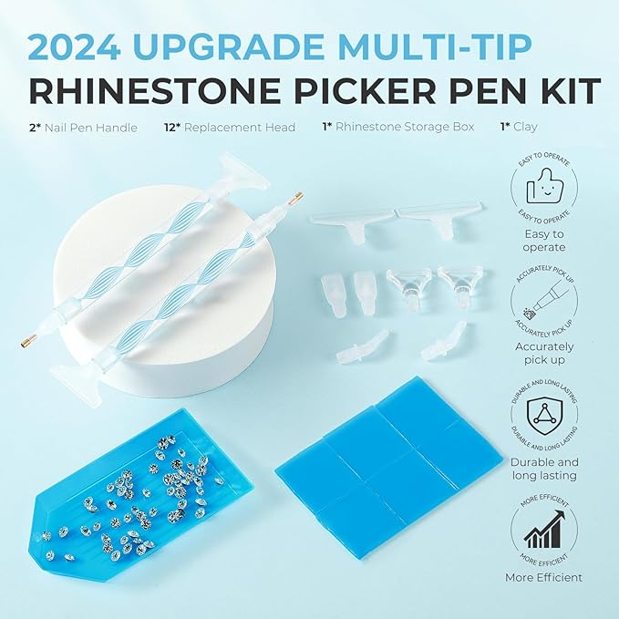 Rhinestone Picker Tool Kit: 2Pcs Rhinestone Picker Handle, Dual-Ended Rhinestones Applicator Dotting Tools Pen with 12 Upgraded Plastic Replacement Tips, Clay for DIY Nail Art Craft (Blue)