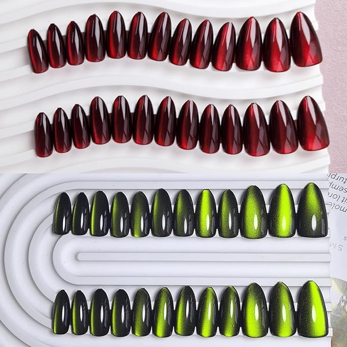 KQueenest 4 Packs Gel Press On Nails Almond, Cat Eye Press On Nails Medium Stiletto, Dark Fake Nails Press Ons Chrome Black, Glitter Glue on Nails for Women Party Prom, 96 Pcs Gift Kit