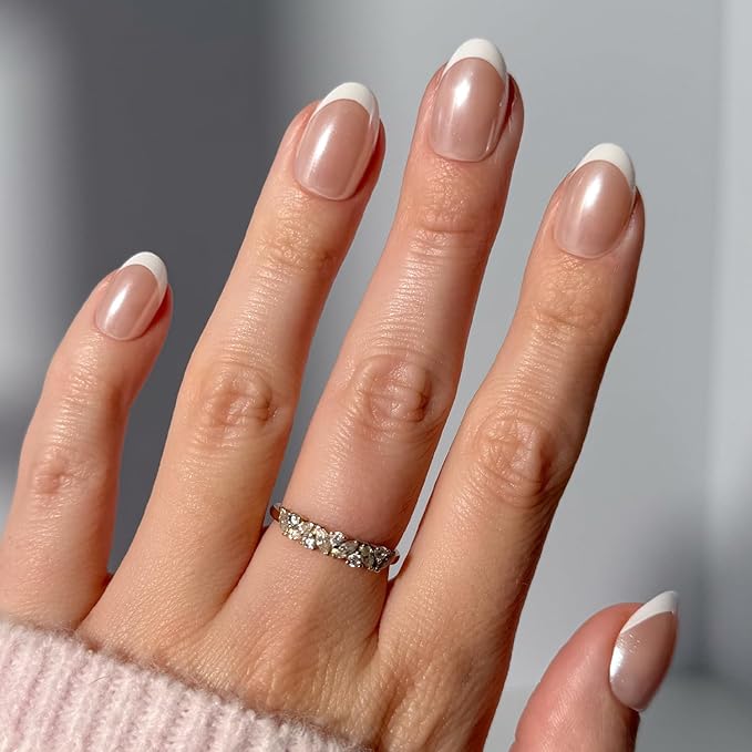 Glamnetic Press On Nails - Pearlfect | Short Oval White French Tip Fake Nails, Salon Quality French Manicure | 15 Sizes - 30 Nail Kit with Glue