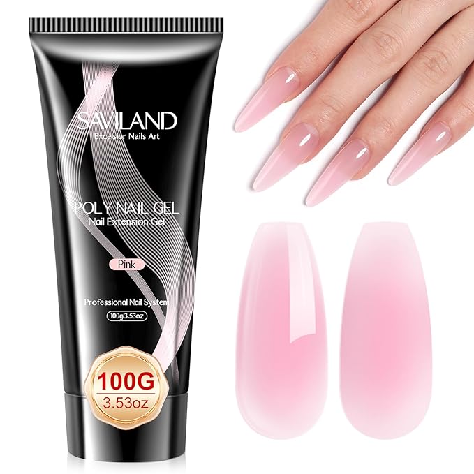 SAVILAND Poly Gel-100 G Pink Color Poly Nail Gel, Large Capacity Extension Durable Gel for Nail Strengthener, Long-Lasting, Easy to Use for Starter & Professional Manicure DIY Art Home Salon