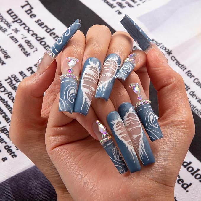 LOVFUL Press on Nails Denim Seraph Blue French Tip | Handmade with Full Covered Crystals | Reusable Fake Nails | Square Mid length 1.7in | H194-S