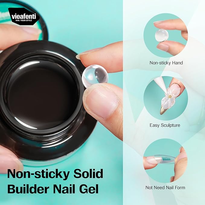 Solid Builder Gel for Nails and 3D Sculpting Nail Gel Set for Extensions, Sculpture, Designs, Chrome Powder, Rhinestones - Soak Off UV/LED for Salon Home DIY