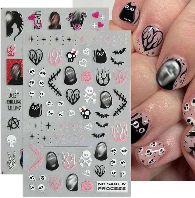 8 Sheets Halloween Nail Stickers Pumpkin Spider Web Nail Art Stickers with Pink Glitter Design Ghost Bat Nail Decals 3D Self Adhesive Sticker for Nails,Halloween DIY Manicure Decor for Women Girls