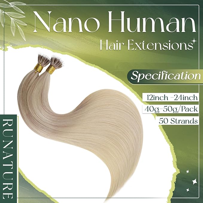 RUNATURE Blonde Ombre Nano Hair Extensions Human Hair, 14 Inch 50G 50S Ash Blonde Balayage Light Blond, Pre Bonded Nano Tip Hair Extensions, Cold Fusion, Long Lasting