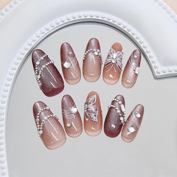 Medium Press on Nails Almond Fake Nails Brown False Nails Ombre Artificial Nails Glitter Acrylic Nails Press ons with Butterfly and Rhinestones Designs Sparkly Stick on Nails for Women 24pcs