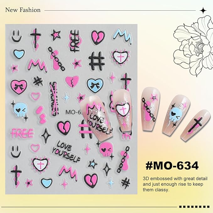 3 Sheets Rock Nail Stickers for Nail Art Adorable Cool Pink Bow Heart Cross Butterfly Evil Eye Designs 3D Embossed Self Adhesive Nail Decals for Women DIY Manicure Decoration YX1235