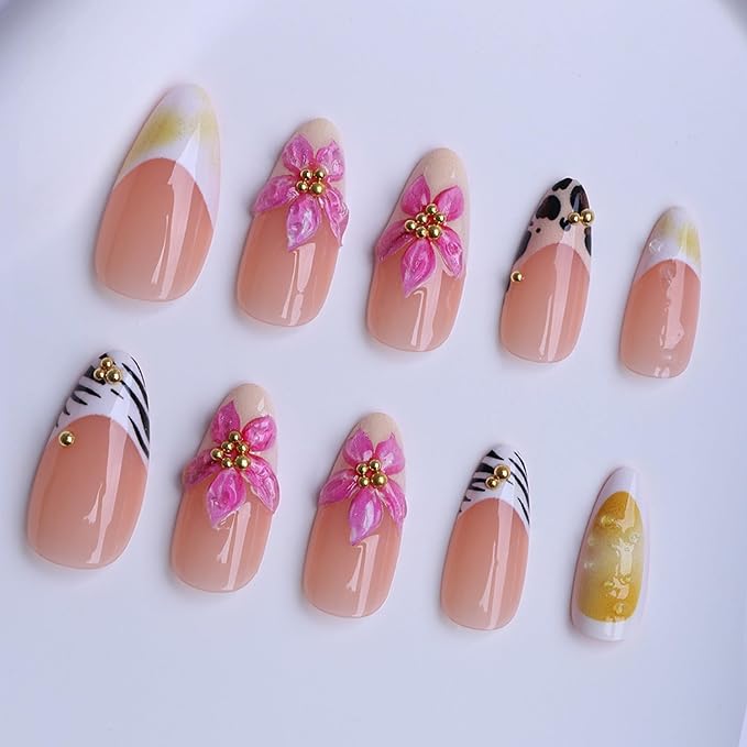 Almond Press on Nails Long Fake Nails Pink Artificial Nail Flowers Leopard Gold Charm Stick on Nail for Women 24pcs