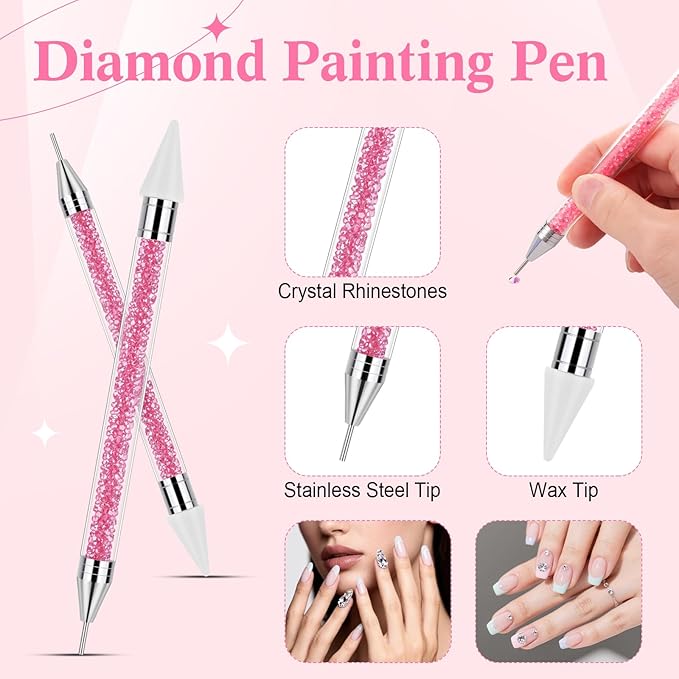 Tatuo Rhinestone Picker Tool Set Wax Pen for Rhinestones Diamond Art Painting Dual Head Dotting Pen with 2 Extra Wax Tips and 1 Nail Art Tweezer for Nail Arts DIY Crafts(Light Pink)