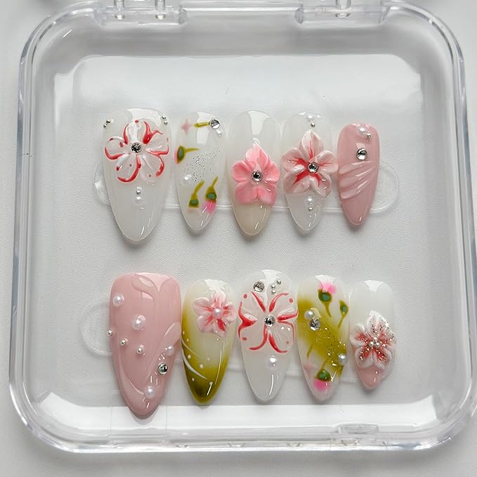 Luxury Press on Nails Medium Almond Handmade 3D Unique Reusable ABS Material Fake Nails White&Pink False Nails with Designs Pink Floral Pearls Glossy Glue on Nail Thick Acrylic Nail(S)