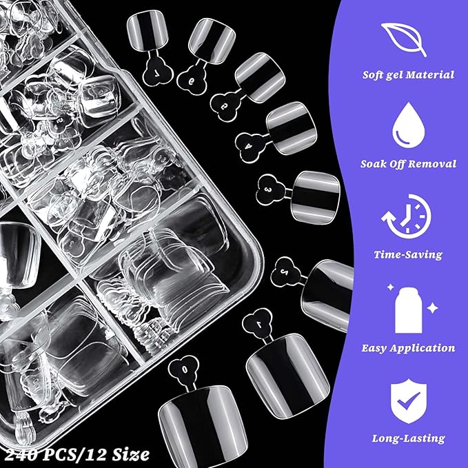 240pc Fake Toenails Full Cover Cover Gel Toe Nail Tips Clear Press on Toenail, Short Square Fake Toes Nails Tips Clear Gel Toenails Extrension False Toe Nail Feet Artificial Toenail Tip