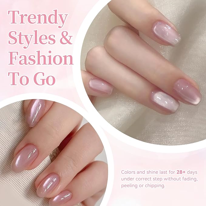 Born Pretty Pink Cat Magnetic Eye Gel Nail Polish,6 Colors Jelly Nude Light Pink Glass Crystal Glitter Shimmer Magnetic Gel Polish, Soak Off U V Gels Valentine's Day Manicure Collection