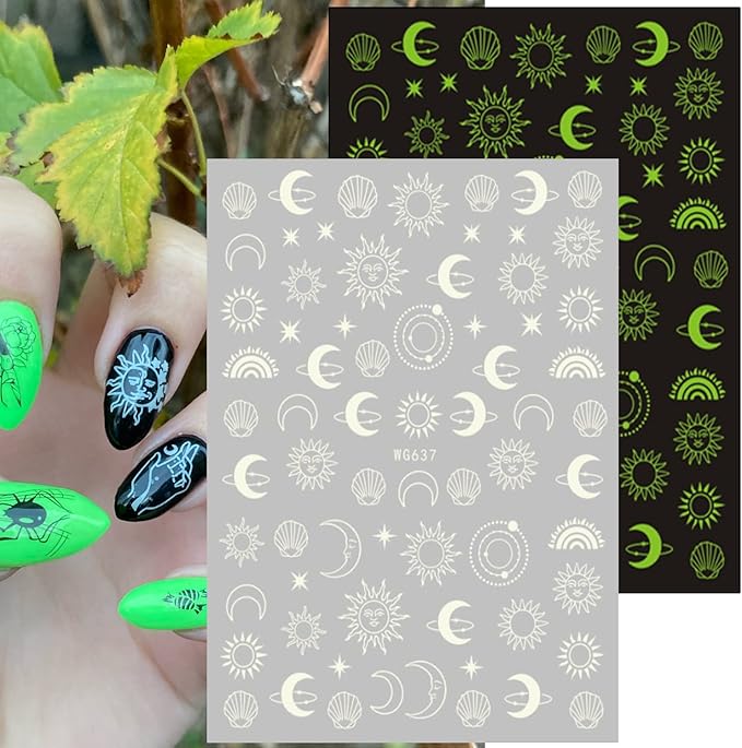 Alien Nail Art Stickers, 3D Planet Astronaut Earth Moon Star UFO Rocket Nail Transfer Decals, Gold Luminous Nail Self-Adhesive Sticker Designs, DIY Resin Nail Decal Manicure Decorations for Women