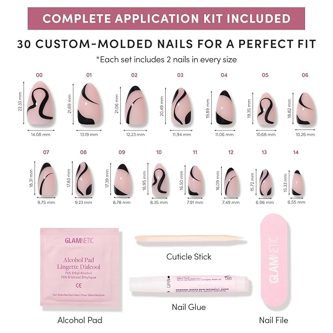Valentines Day Glamnetic Press On Nails - Ink Wave | Short Almond Fake Nails with a Sheer Base, Black Swirl Designs in a Glossy Finish, Salon Quality | 15 Sizes - 30 Nail Kit with Glue