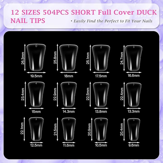 outopen 504pcs Short Duck Nail Tips S Feet Clear Flare Nail Tips for French False Nail Extension Y2K Vibe Full Cover Duck Tips for Polygel Acrylic Extension Beginners DIY Manicure,12 Sizes