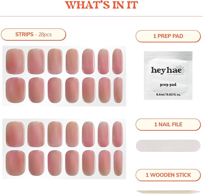 Heyhae Semi Cured Gel Nail Strips Assorted Bundle (3 Pack) | No LED Lamp Needed | Easy Apply & Remove, Salon Quality | Includes Strips, Prep Pads, Nail Files & Wooden Sticks - Sweet Pink