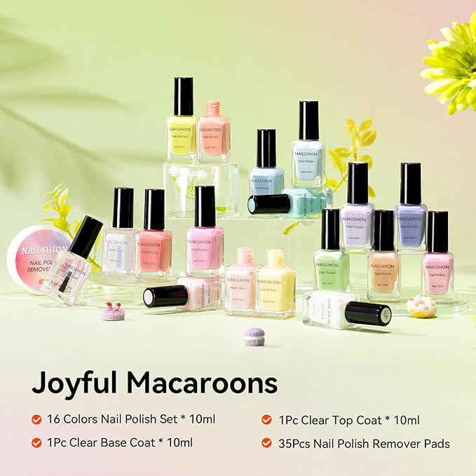 Pastel Nail Polish Set-16 Colors Macaron Pink Blue Yellow Nude Pink Purple Air Dry Nail Polish Set with Base Top Coat & Remover Pads,Vegan, Non-gel Air Dry Salon DIY Nail Art Design Kit